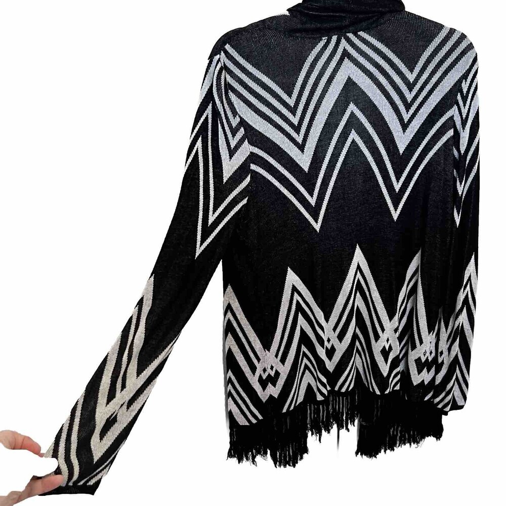 INC International Concepts Black White Chevron Print Fringed Open Cardigan XL - Picture 3 of 9